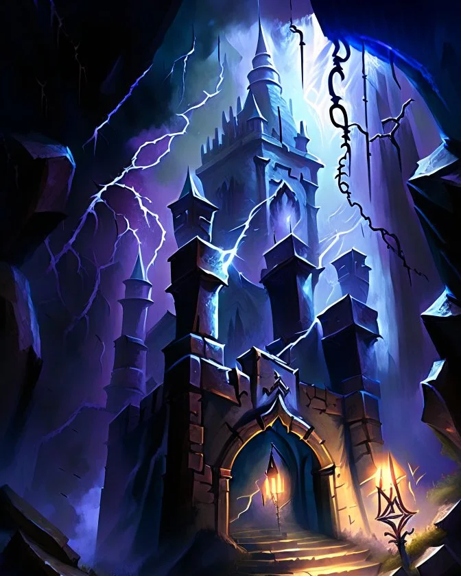 lightning dungeon chamber with castle towers fantasy rpg art painterly