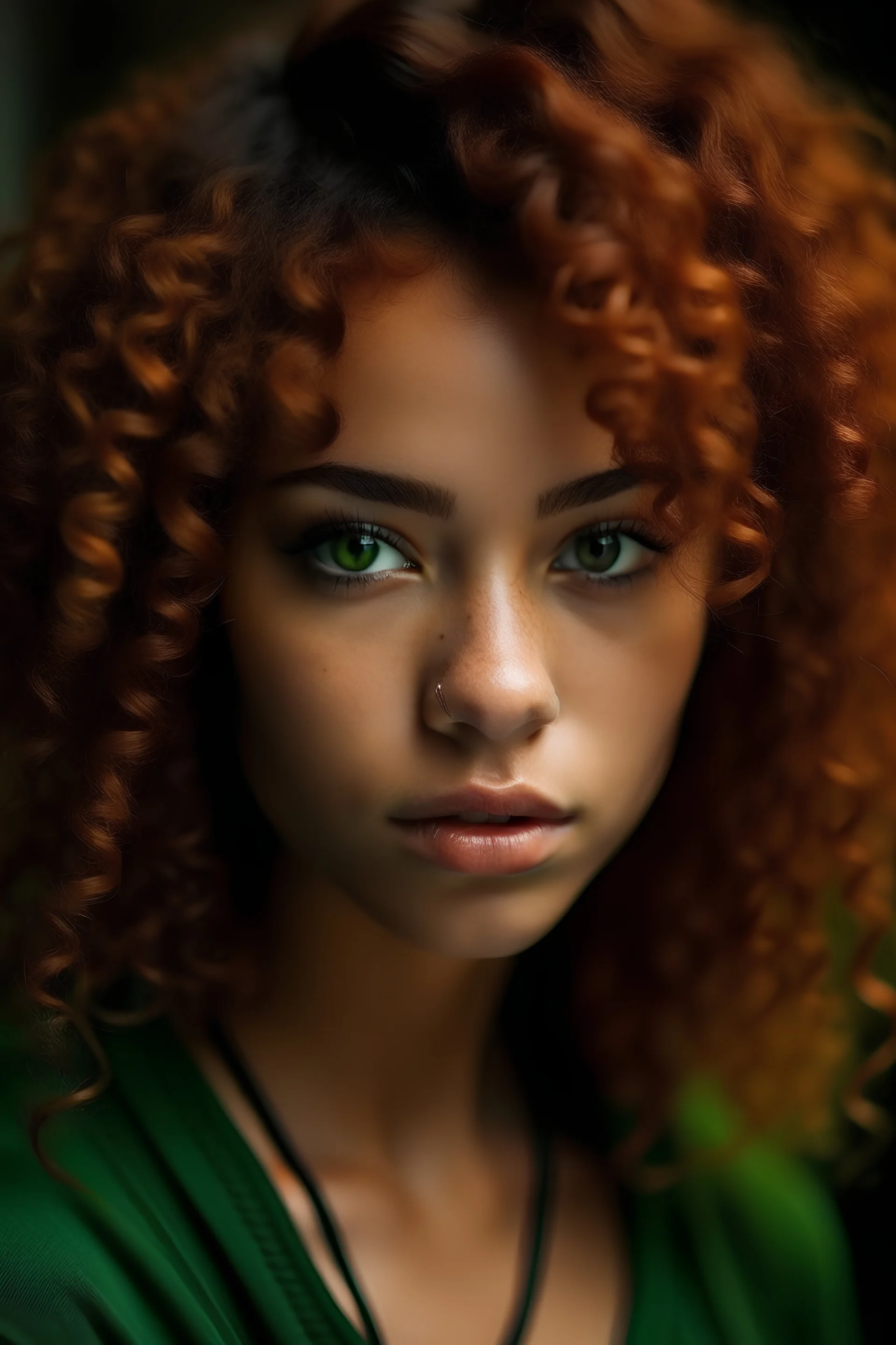 Mixed girl with dark green eyes and reddish curly puffy hair
