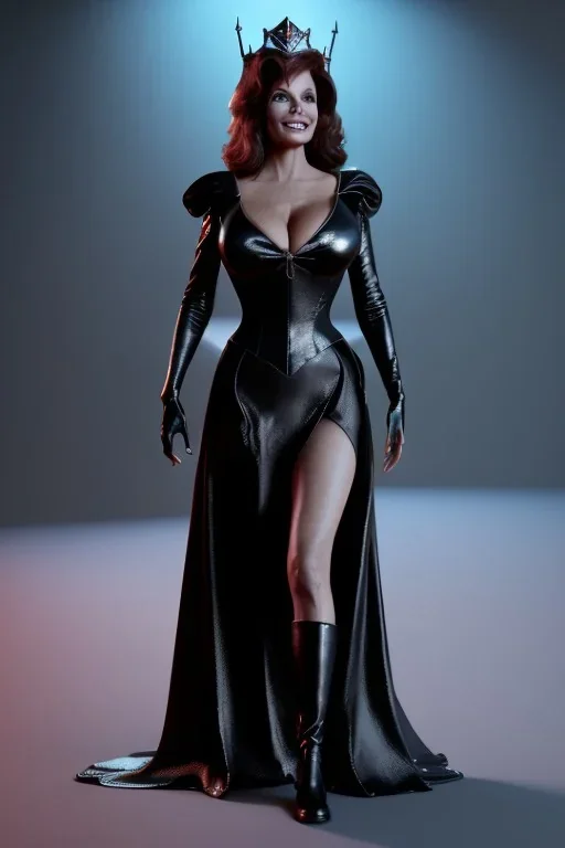 Raquel Welch as evil queen in black leather gown, angry, busty, curvey, cleavage, unreal 5, octane render, cinema4d, dynamic lighting, dramatic lighting, 4k, redshift render, highly detailed, hyper realistic