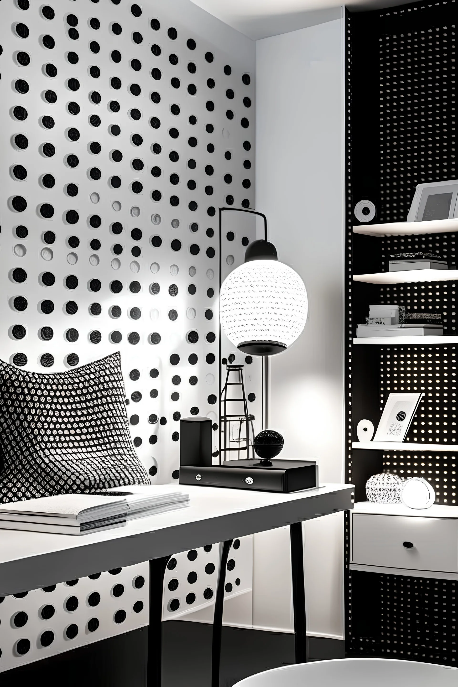 Design a beautiful stylish wall decoration for a YouTube thumbnail cool and calm white & black dot background that has a wide rounded RGB lighting set up,it has a small book shelf at the left hand side with some few books and some tech gadgets on the table with a table lamp