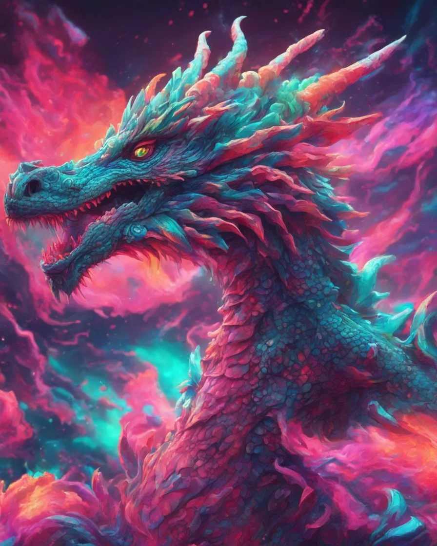 Close up shot, Dragon in a vibrant synthwave dreamscape, neon chaos swirling energetically around pixelated forms, a dynamic fusion of retro gaming nostalgia and futuristic abstraction