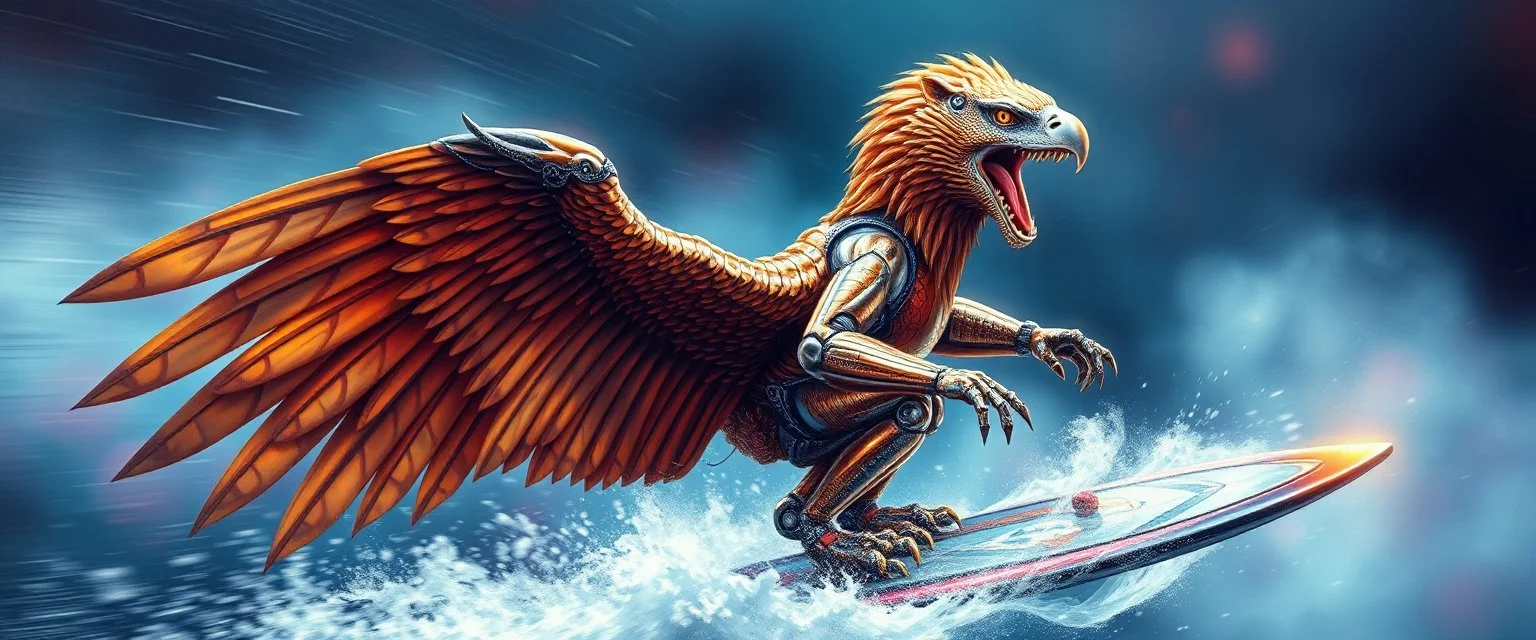 airbrush and pen outline, master oil painting by Rembrandt, chrome eagle lion mega snake man viggo sandvik as insane eel wild ginger robot on surfboard boat trike , goa trance glitch poster, background motion blur, volume fog with light rays