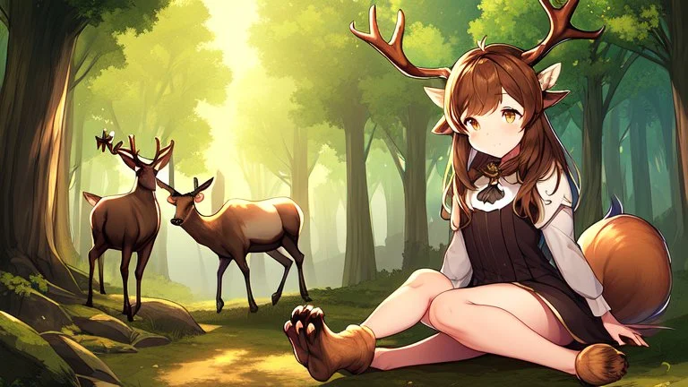 One Girl, forest, sit , deer hoof foot, brown hair,, deer face, deer tail,