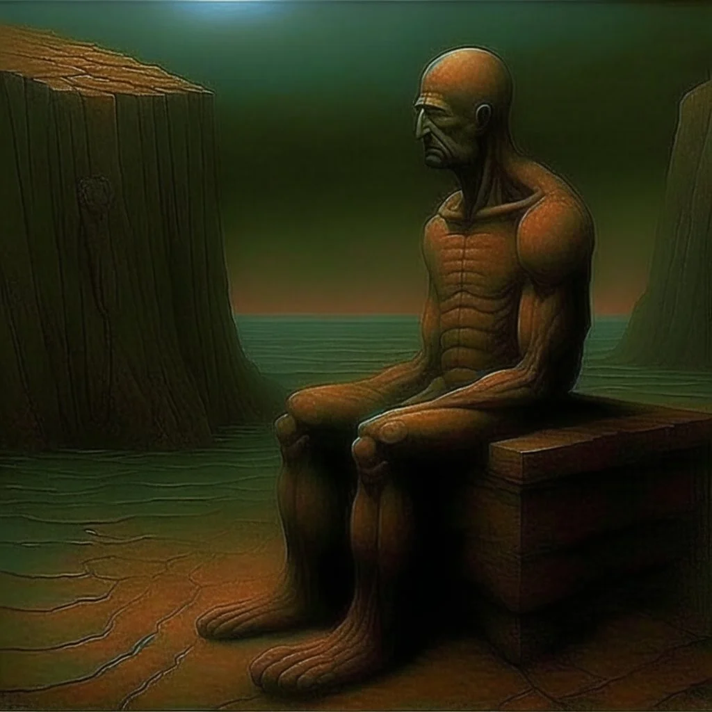 malignantly useless, depicting a fear of being alone, Style by Pawel Kuczynski and Basquiat and VS Gaitonde, surreal horror art, nightmarish, dynamic composition, dark color burn, based on the imagery of Zdzislaw Beksinski