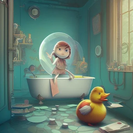 don't lie in the bathtub with big bubble and yellow duck toy facing a blue mirror that hide a notebook tell a oak forest story.studio ghibli,andrea bonelli,Brian Kesinger, style.