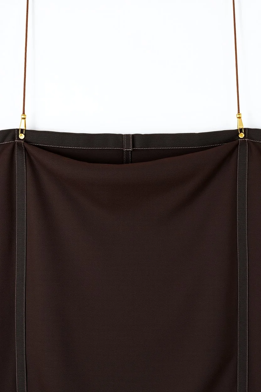 darker textured hanging fabric background stretched between decorative brass strips attached at top and bottom