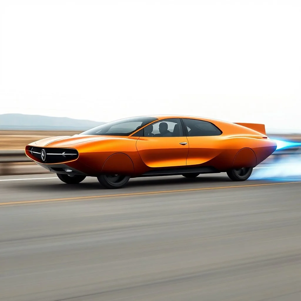 award winning car and driver photograph of a futuristic station wagon dirigible hybrid designed by only one vehicle per image painted metallic orange traveling at a high rate of speed, jet intake off of front center of vehicle and jet exhaust out the rear with bright blue flame, bilaterally symetrical, more a high speed road vehicle