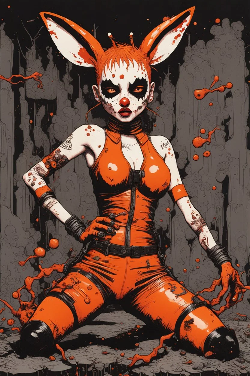 Tank girl, fly pose, rabbit mask, orange and black short hair, latex suit, highly detailed, fullbody, splashes blood, behind guts rising from the ground, papercut illustration by <John Kenn Mortensen>, darkred tones,