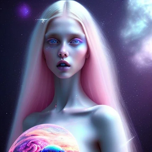 Entire white woman with legs, long blond hair, blue eyes, pink and blue dress in a galactic ambiance, delicate colors in the foreground, full of details, smooth, light effect，vaporwave colorful, smooth, extremely sharp detail, finely tuned detail, ultra high definition, 8 k, unreal engine 5, ultra sharp focus