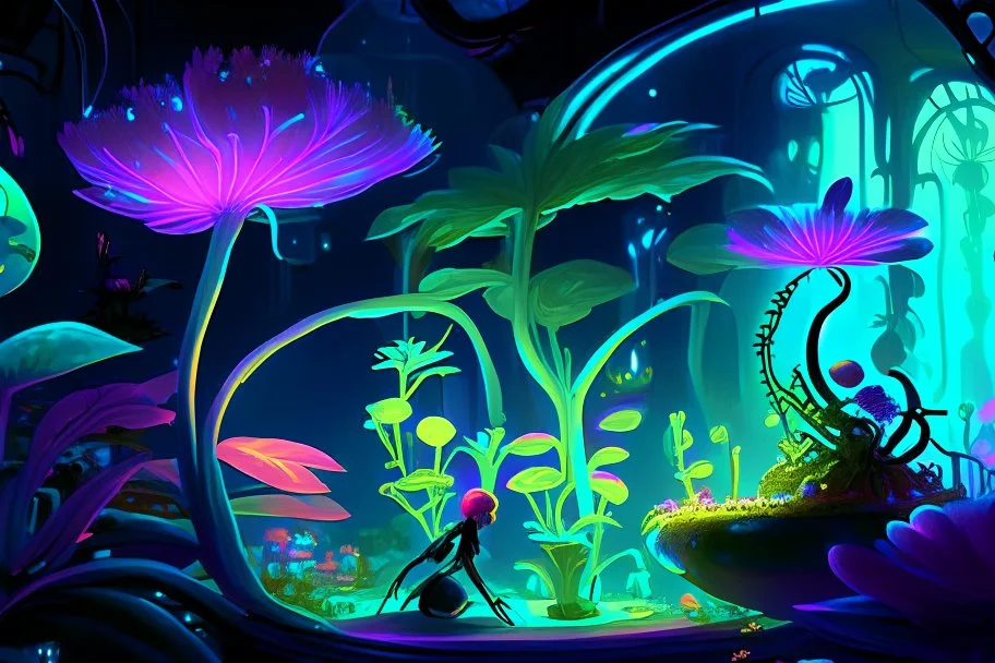 spaceship scene with a female humanoid plant made of vibrant, bioluminescent plant material. tending her garden on a spaceship Communicates through shifts in color and texture.