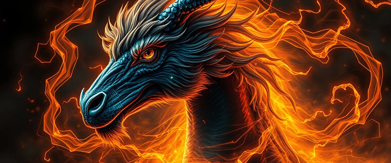 close up portrait of a plasma vampire flickers like hypnotic fire in geometric shapes like a dna swirl of time and a fearsome fluffy dragon horse in the style of Rembrandt and Escher