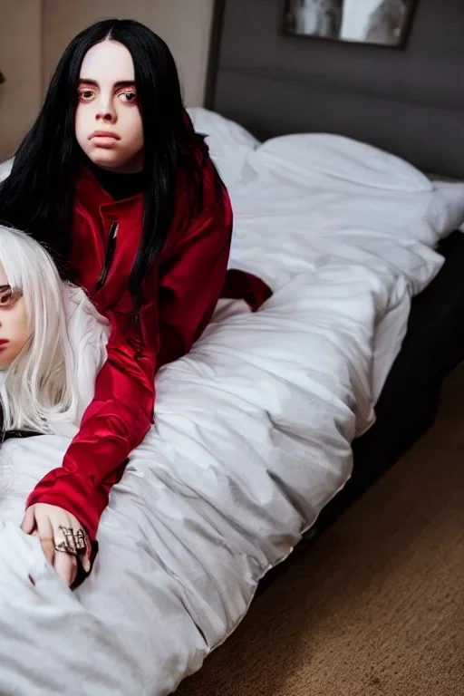 Billie Eilish, full body, on the bed, pale skin, high detail, realistic, 8k, not to be distinguished from a photo, identical pupils