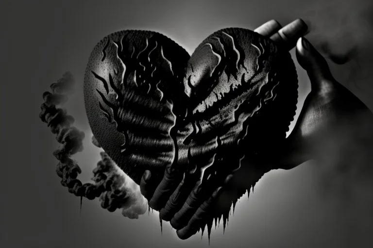 A black hand made out of black smoke violently crushing an anatomically correct heart