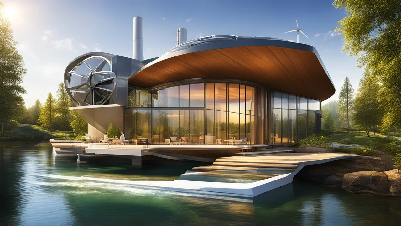 2199. Innovative modern environmentally-friendly home, wind turbines, solar panels, water wheel in river, insulation, scientific experiment, home of the future, automated, spectacular, futuristic, beautiful lighting, attractive composition, photorealistic, extremely detailed, chiaroscuro