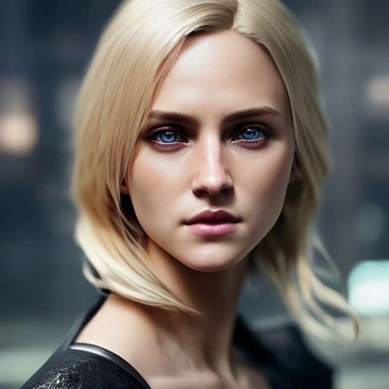 Photorealistic close-up of a beautiful blonde assassin with dystopian clothes and background