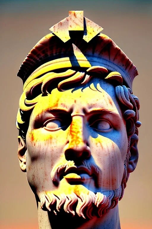 Ultra Realistic image, Roman sculpture, white marble material, Lionel Messi, gold Laurel leaves wreath, renaissance ornaments, one gold star in heart, sun ornament, sun rays background, chisel style, waist up portrait, emperor style, epic, celestial, cinematic lighting, God light, god rays, 4k resolution, smooth details, ornate details, soft lighting, unreal engine 5, art station, substance 3d.