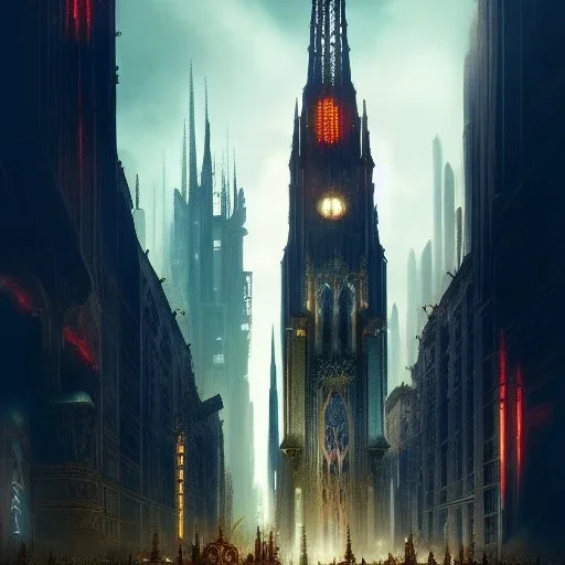 Neo Gothic Metropolis, otto hung, friz Lang ,renaissance painting, matte painting, cyberpunk,detailed facades, retrofuturistic