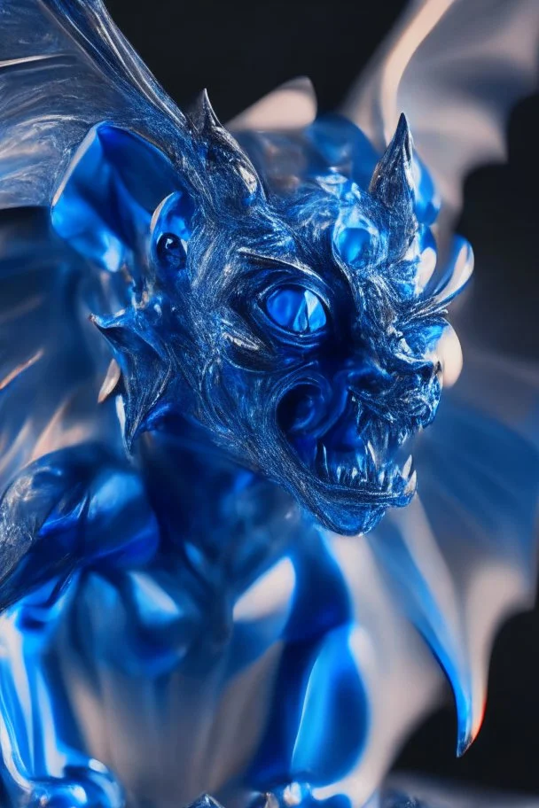 transparent gemstone gargoyle, in blue fire chrome casino, high detail, 8k, cinematic, depth of field, art