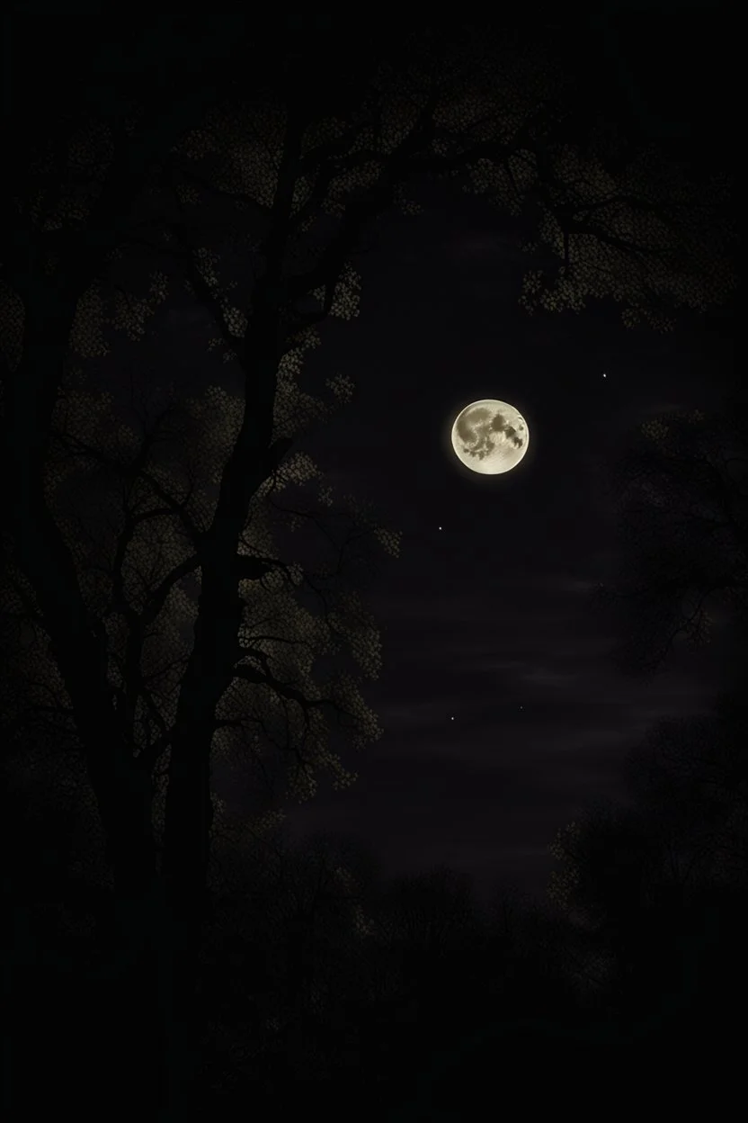 Night, tree leaves, moon, clouds, creepy gothic movies influence, photography