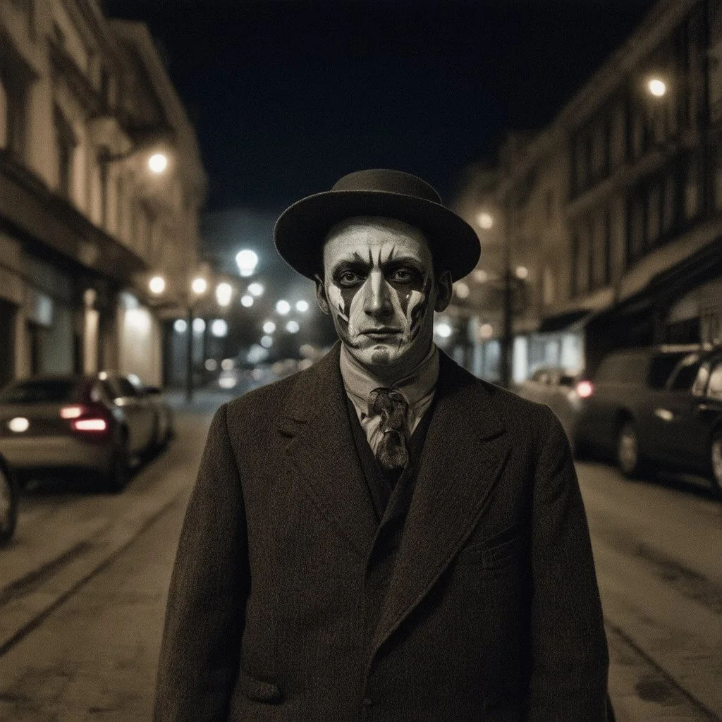 very grainy discolored modern photo, closeup portrait, dark night street with no lights, grunge, male with chalk-white skin, 1910's costume