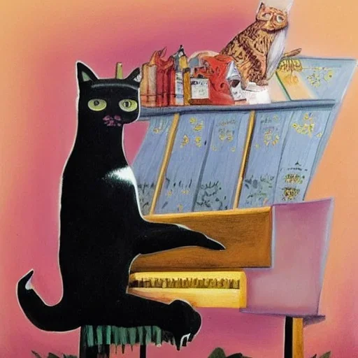 cat playing piano in style of frida kahlo painting