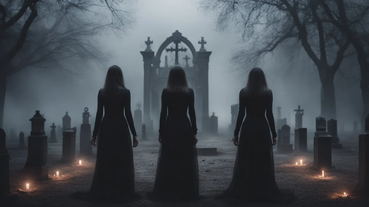 Hyper Realistic creepy-people-wearing-plain-black-dresses-doing-satanic-ritual at a cemetery at beautiful-dark-foggy-night with dramatic & cinematic ambiance