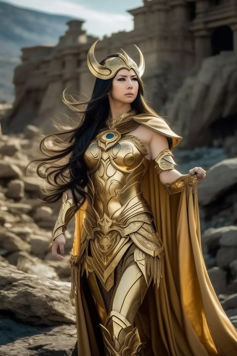 super beaty woman, good body, big bubs, nice body, model style, milf, dress a small golden armour, saint seiya influence, asiatic, cape, rude mode, stay on ansient temple ruins.