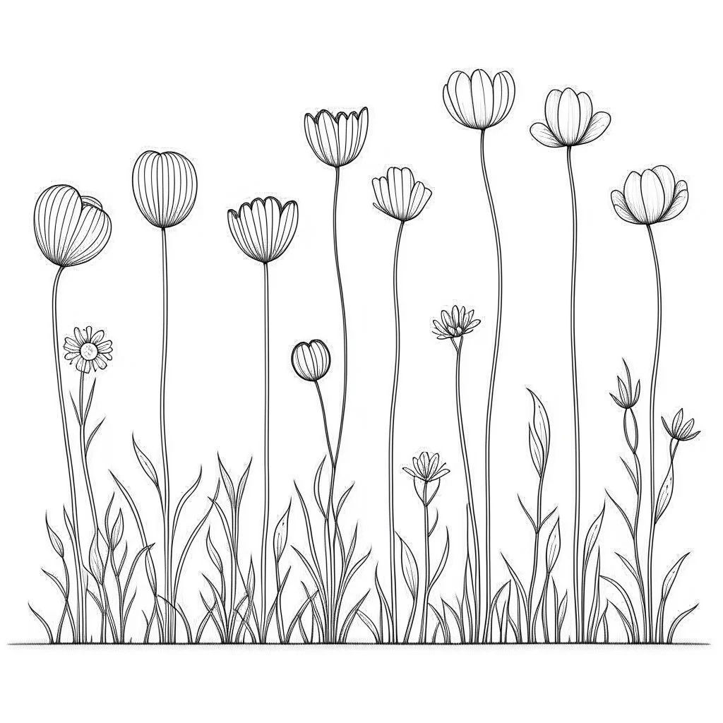 set of grow wind flower on the grace, SIMPLE ONE lineS art, white background, minimalis, different view, only white bakcground solid.