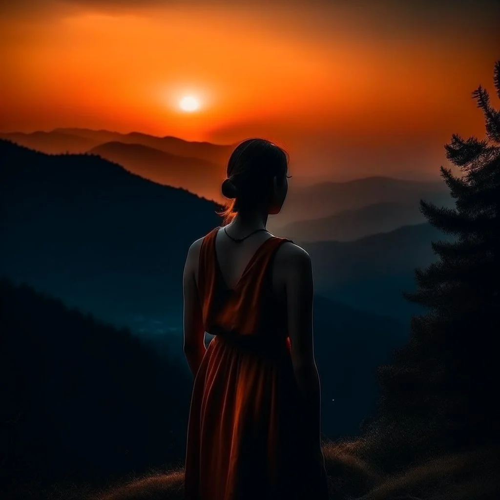 dark night, watching a woman from behind wearing a sleeveless dress who is watching a beautiful orange sunrise in the distance, mountains and forests around, photo quality