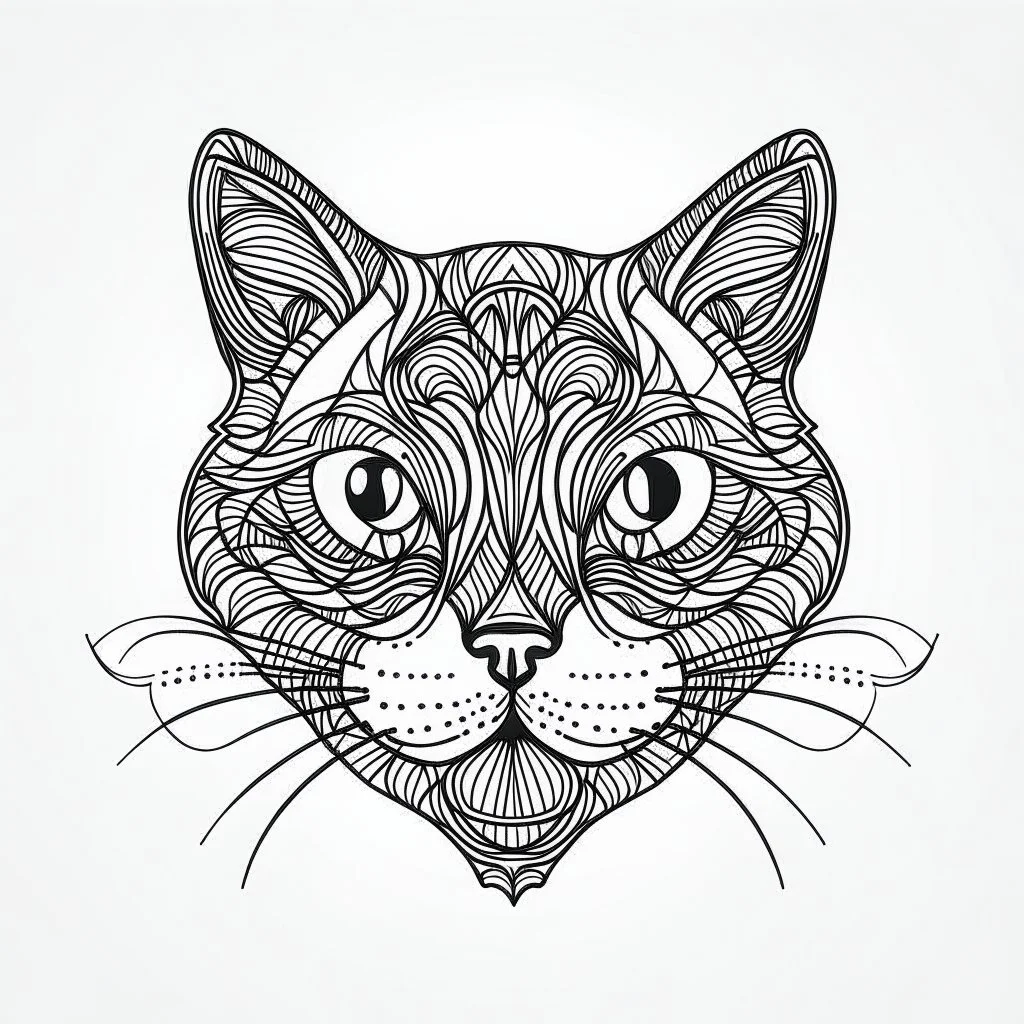 cat front face view, minimal lines, cartoon, mandala, white back ground color, real style, realistic, minimalistic, minimal black line art, line art, crisp line art, unique coloring sheet, outlined, outline, crisp, crisp line edges, illustration, thin lines, crisp clear lines, line art, clean line art, unique, 8k, amazing, masterpiece, no colors, no dark color, no black color, avoid thick black, minimalistic line edges, pure white back ground, image character full fit to page,