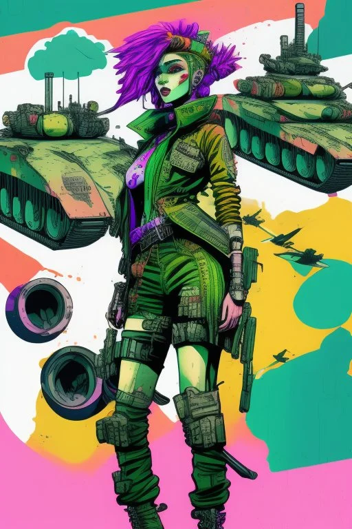 Digital illustration of comic book style cartooned Tank girl giving the middle finger, giant green military tank behind her, color pencils, ink, counter culture, dystopian, retro futuris. 90s riot girl look, punk aesthetics, collage, psychedelic, grime, textured, mixed media with a british pop culture influence, maximalism, feminist icon,