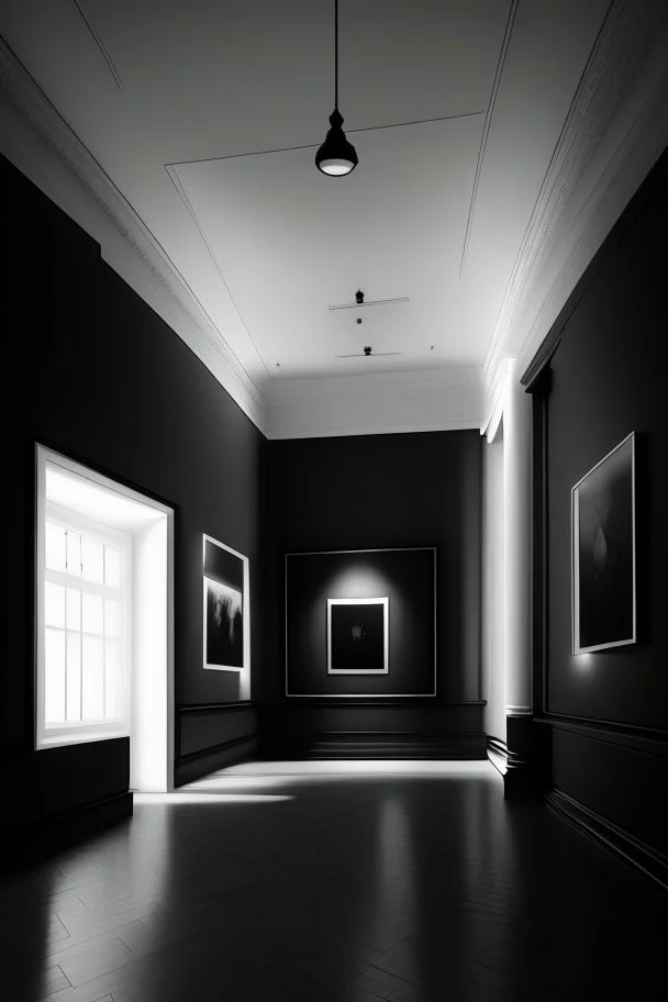 Reception with black walls, a white floor, hidden or rich lighting, and it is suitable for a museum