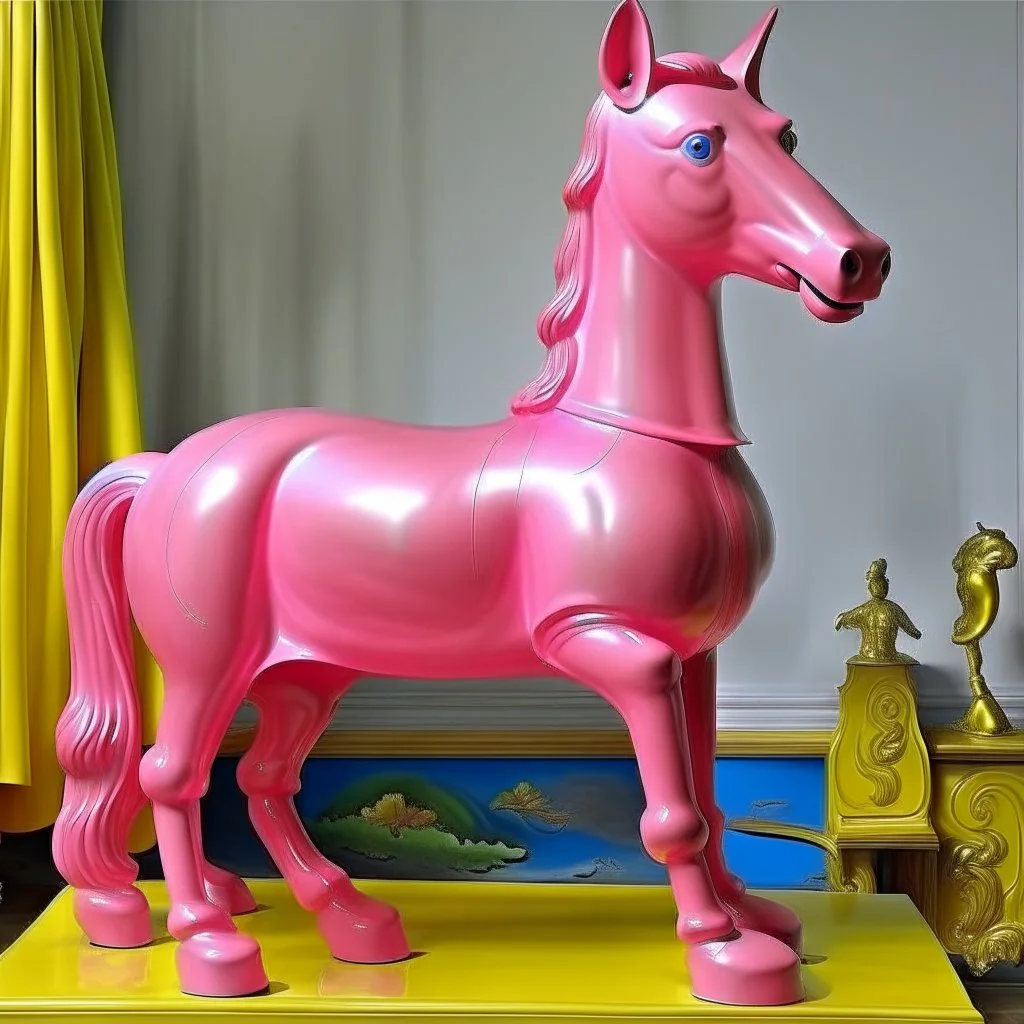 Big pink plastic toy horse.19th painting