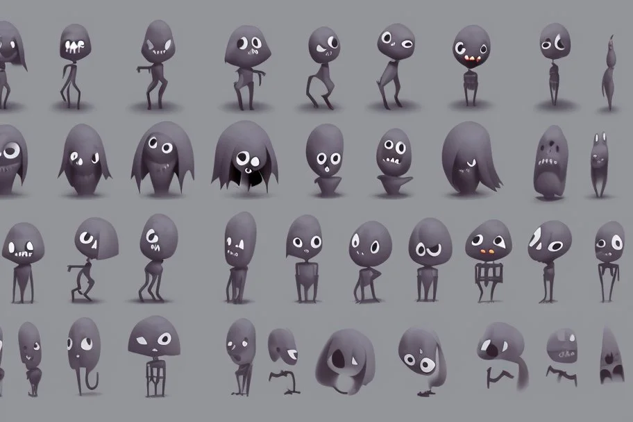 make a bunch of simple spooky and cute cartoon characters with bodies arms, and legs I could draw and make them all different