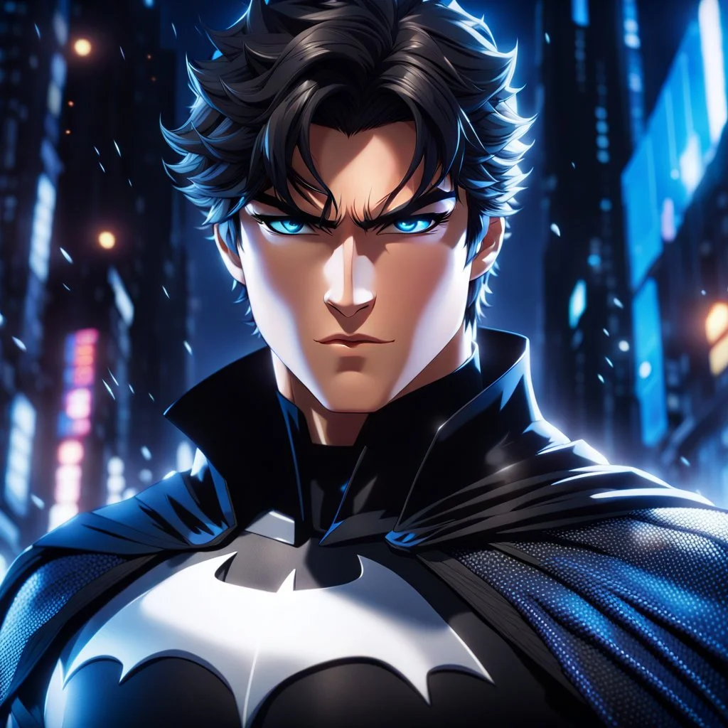 (masterpiece), (anime style), award-winning, close-up, centered, Instagram-friendly, looking towards camera, dynamic pose, messy black hair, Batman blue eyes, intricate modern background, dynamic lighting, depth of field, ultra detailed, (epic composition, epic proportion), 2D illustration, professional work, black clothing