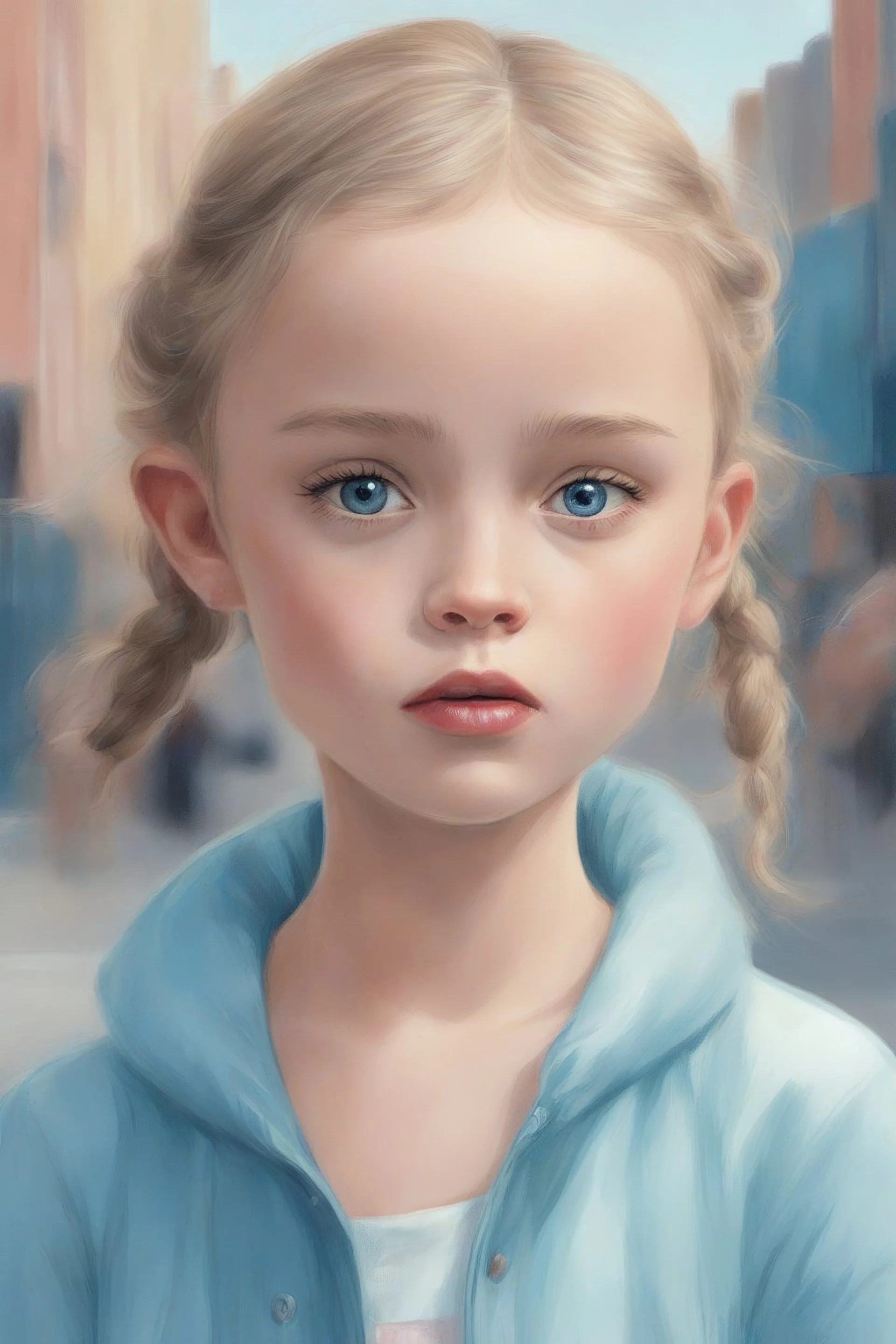 Illustration of lily-rose depp a toddler,, pony tail, in the street , , big blue eyes, style of Marcel Marlier, pastel colors