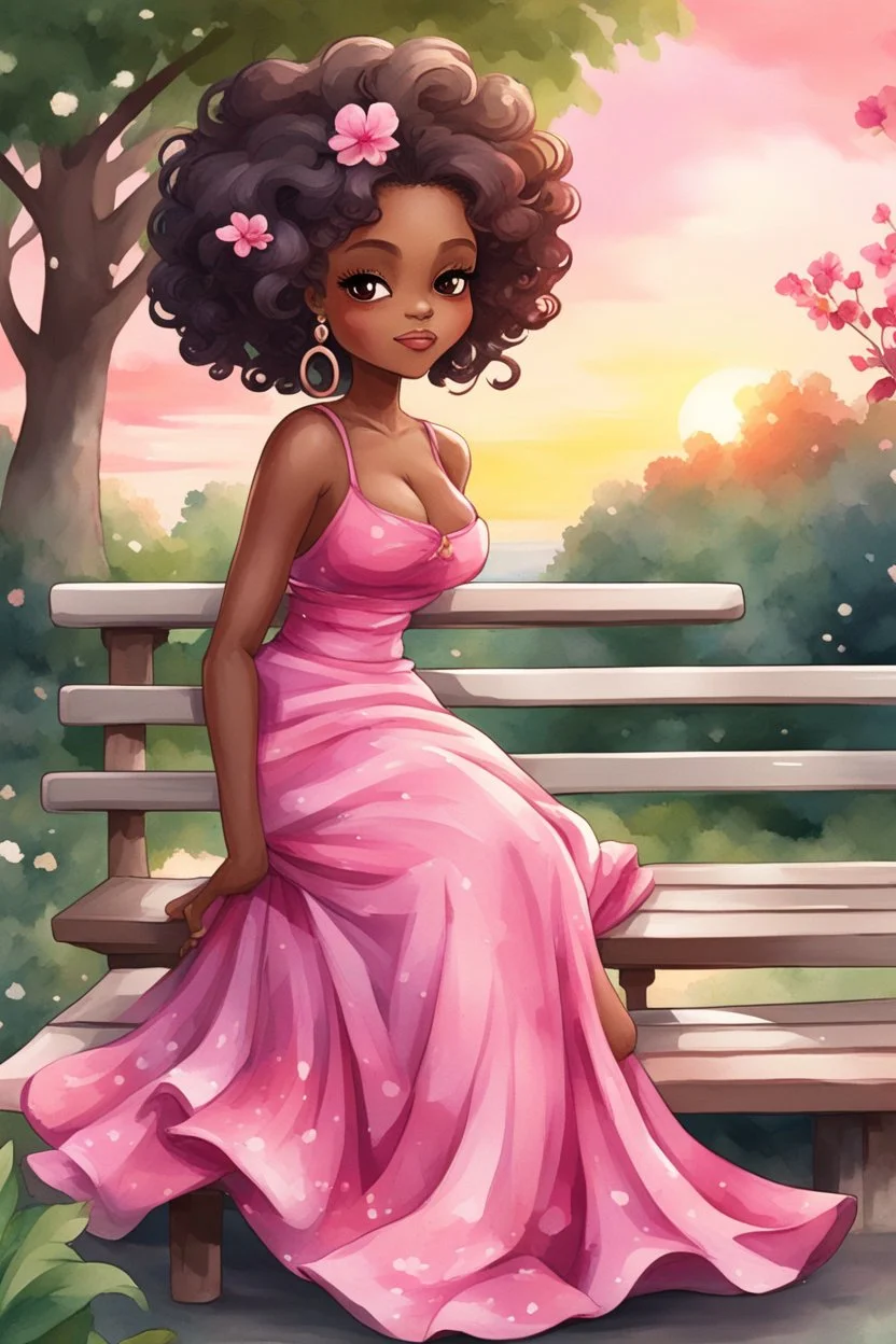 create a watercolor image of A curvy chibi cartoon black woman sitting on a park bench, facing the sunset. She has brown eyes accentuated by dramatic makeup. Her brown hair is done up in an elaborate curled twist. She sits slightly angled, wearing a flowing pink maxi dress with tropical flowers that seems to flutter in the gentle breeze.