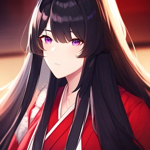 Clear focus,High resolution,8k, Beatiful Lighting, black long fluffy hair, long fluffy bangs, purple eyes, wearing a miko outfit, extreme close up