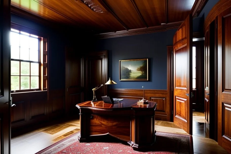 Picture of a study with mahogany panelled walls, a large heavy door and a large darkwood desk, photorealistic, dark fantasy, 4k