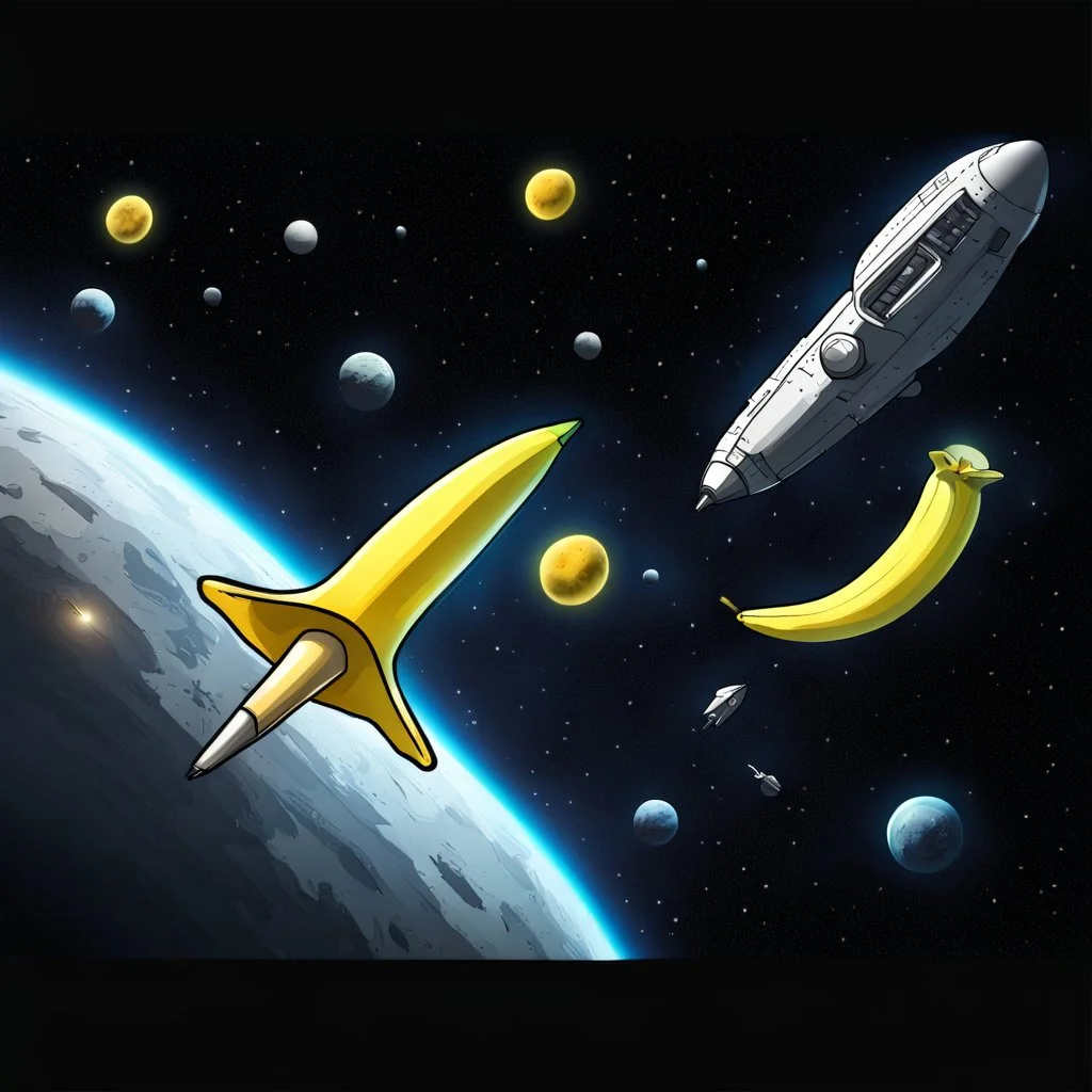 draw cartoon yellow banana as starship flying in space.