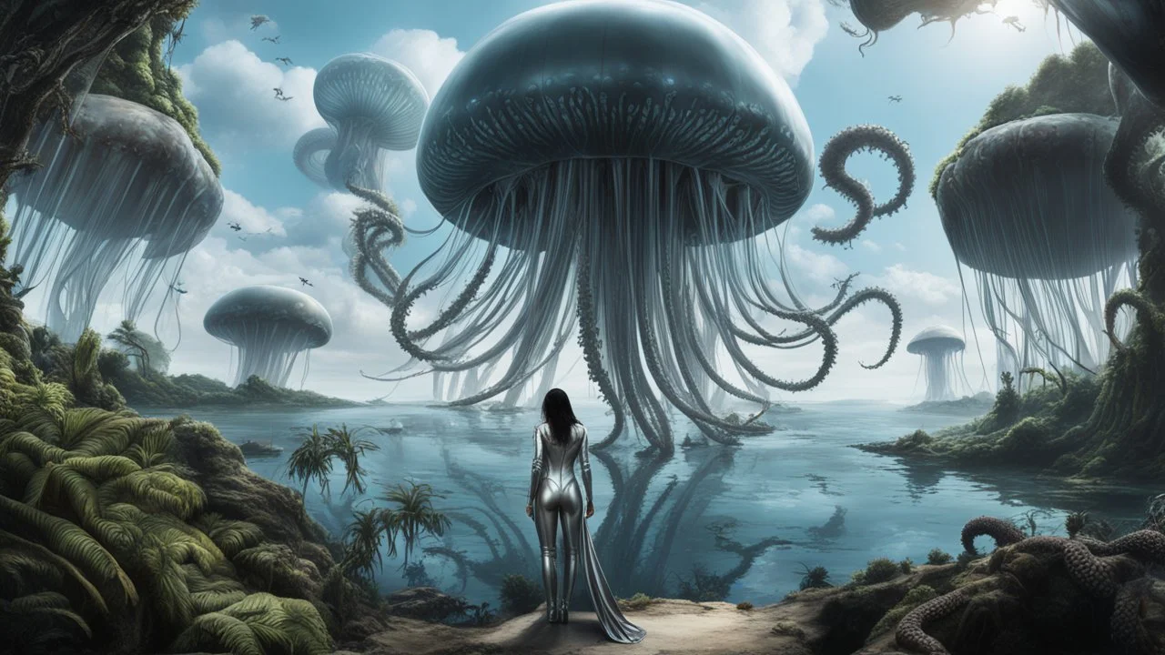 Detailed matte painting of a wide-angle shot of a woman, standing on the left side of the shot, with dark hair in a silver robotic catsuit, many large floating jellyfish with octopus tentacles, alien jungle trees in the distance, with an alien beach and lake