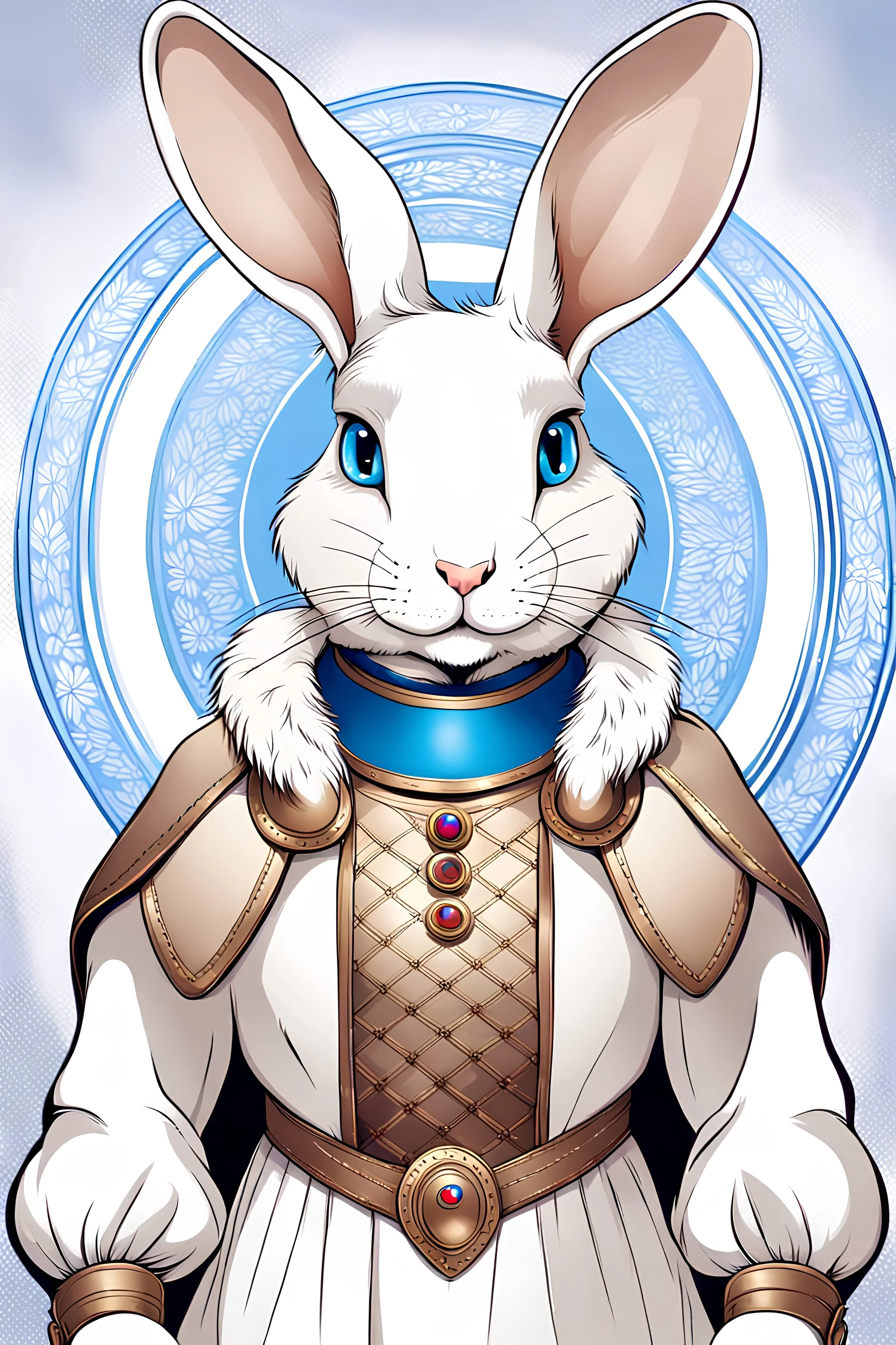 anthropomorphic rabbit with white fur and blue eyes in a breastplate