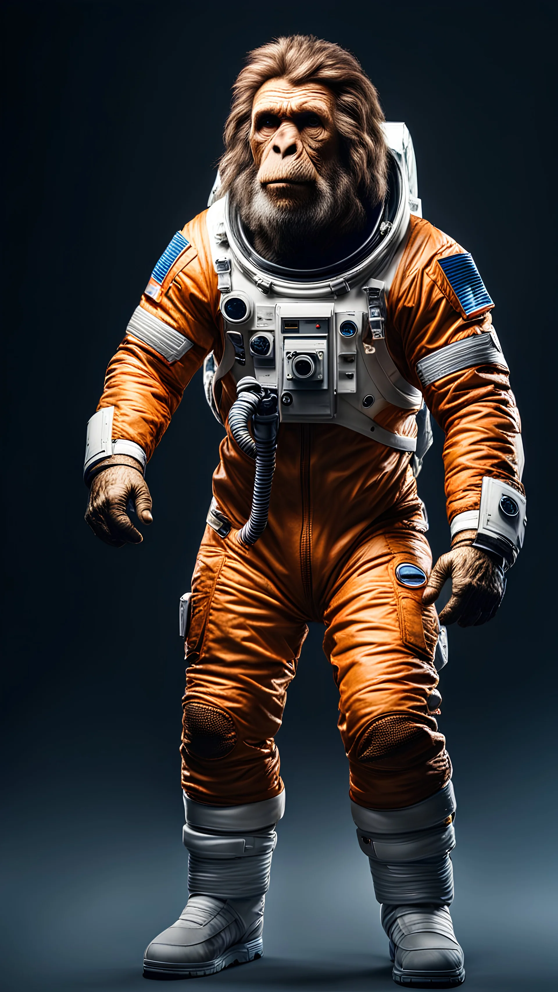 Full body del Hombre de Neandertal con traje de astronauta, calidad ultra, hiperdetallado, colores contrastantes