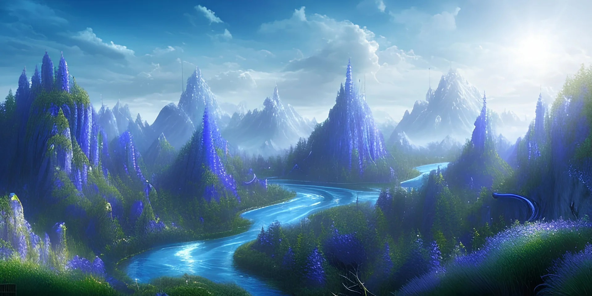 blue and emerald landscape with blue round hills and blue and emerald mountains, blue and violet lights