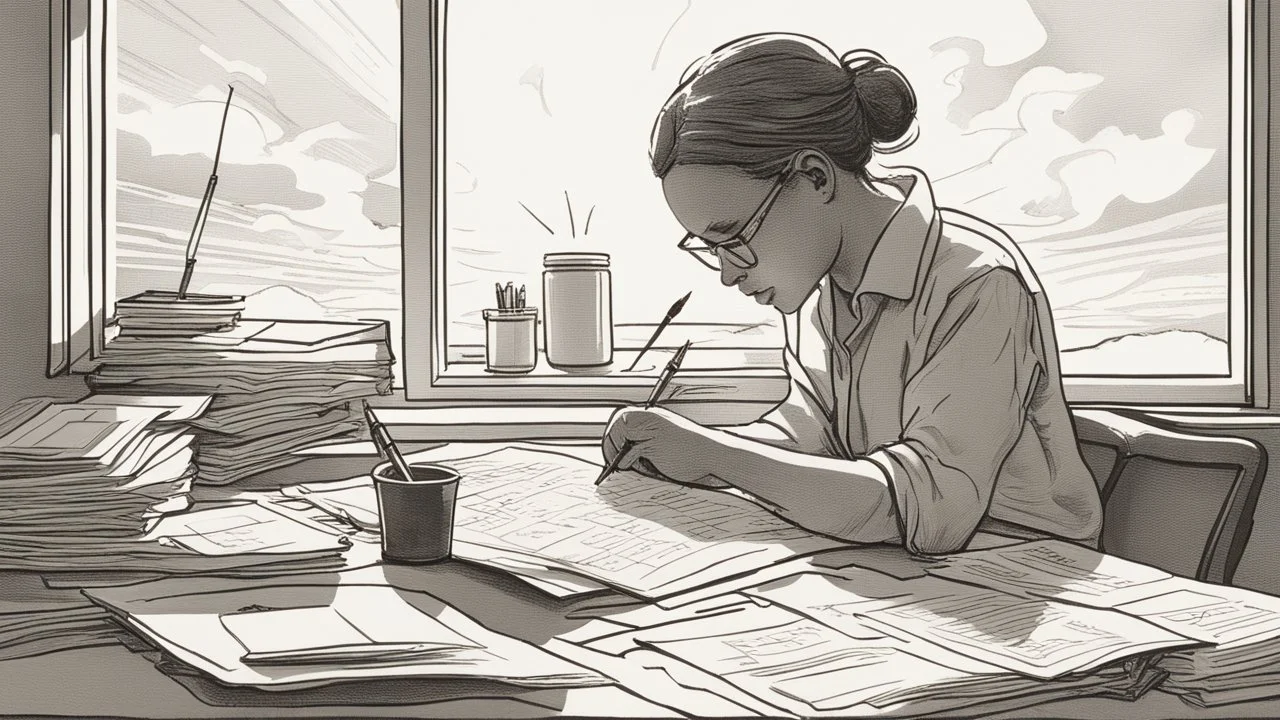 The image depicts an individual seated at their desk, meticulously crafting an organized daily schedule on a large sheet of paper in front of them. The image showcases attention to detail, as the person uses a pen to delineate different times and tasks on the schedule. The sun is seen rising behind a window, signifying the beginning of a new day full of possibilities. This image emphasizes the importance of good planning and creating an effective daily schedule to achieve success and enhance pro