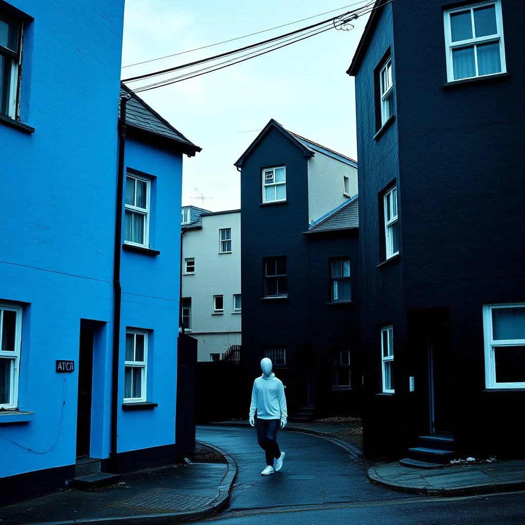Fotografia di strada blu spaccato weirdcore dai colori vivaci. Do re mi. Le case sono dipinte di nero chiaro con g stilizzate e dettagli. Ci sono finestrelle quadrate, che danno un senso distopico e molto surreale, disposte in modo casuale. L'atmosfera generale sembra noiosa e onirica, con un contrasto tra elementi reali ed elementi dipinti. Persona finta cammina