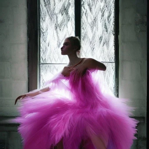 dress made out of feathers sequins and tulle, heavenly, stunning colors, chiaroscuro, fashion photography, vogue, dramatic, beautiful lighting, delicate composition, aesthetic, ballerina, ballgown