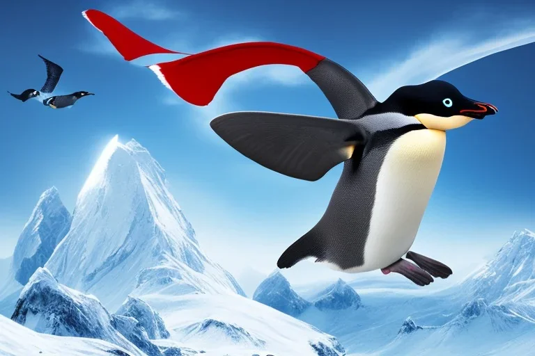 penguin flying in the sky with his two wings