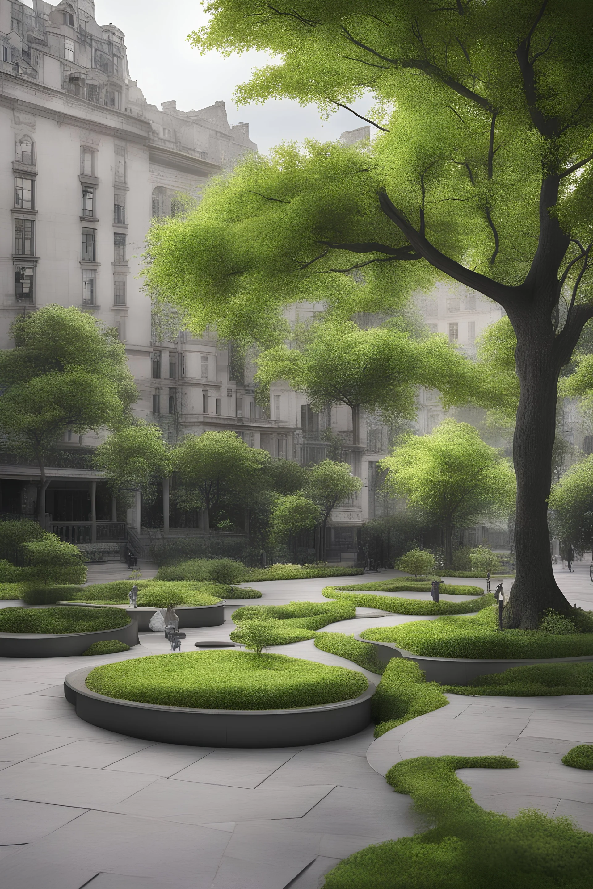 parque de bolsillo con arboles frondosos en medio de la ciudad