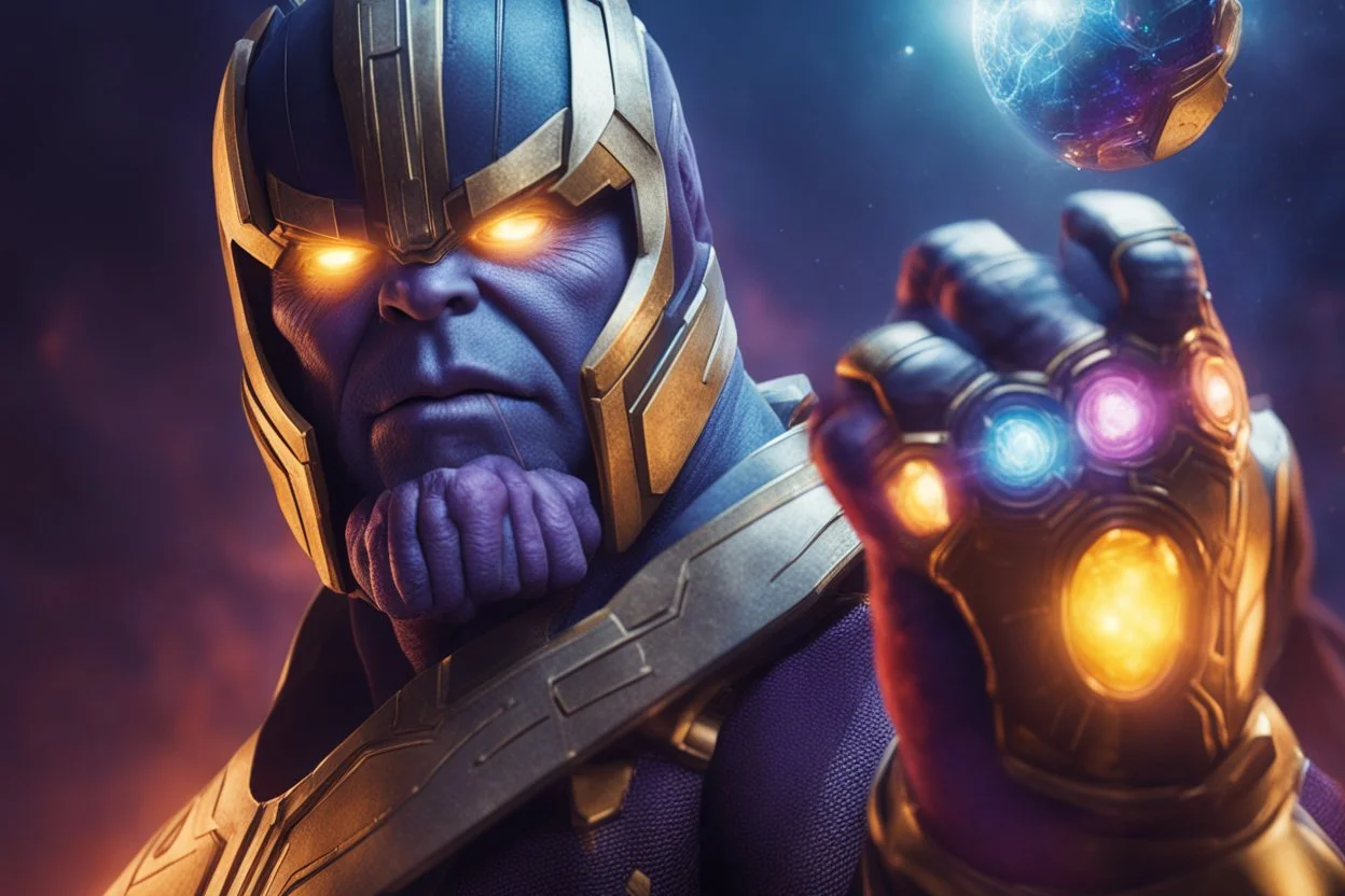 A sporty looking man with With a serious his face while holding Thanos' gantlet K's infinity gauntlet has six infinity stones